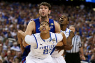 Anthony Davis #23 and Marquis Teague #25 of the Kentucky Wildcats block Jeff Withey #5 of the Kansas Jayhawks in the National Championship Game of the 2012 NCAA Division I Men's Basketball Tournament at the Mercedes-Benz Superdome on April 2, 2012 in New Orleans, Louisiana. (Photo by Jeff Gross/Getty Images)