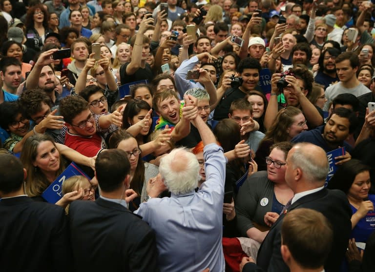 Democratic presidential candidate Bernie Sanders shakes hands with people during a campaign rally at the Century Center on May 1, 2016 in South Bend, Indiana