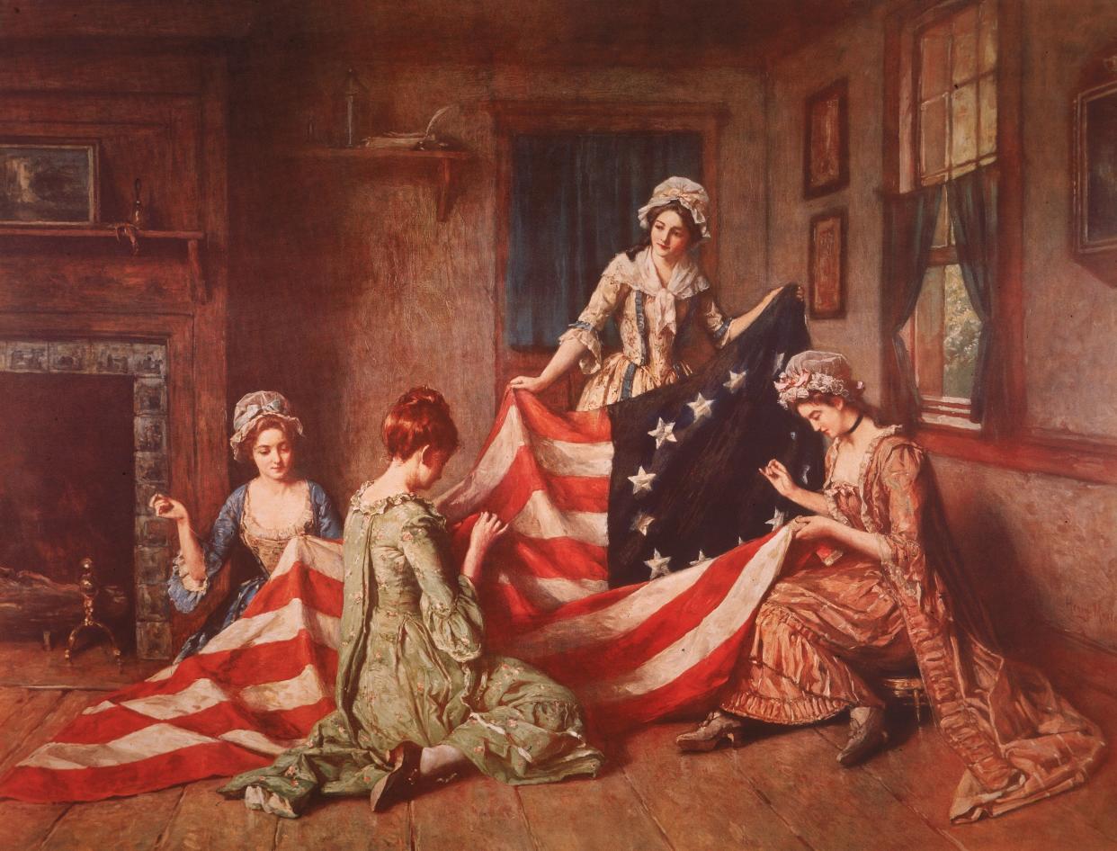 A Henry Mosler painting 'The Birth of the Flag' depicts Betsy Ross and her assistants sewing the first American flag.