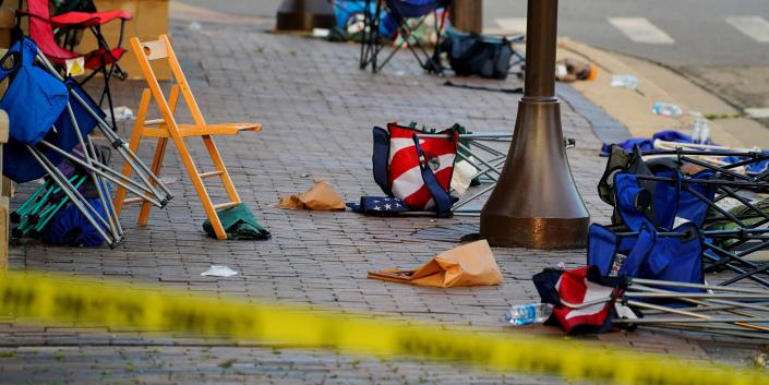 People's belongings were abandoned along the parade route after a shooting at the parade on July 4, 2022, on the outskirts of Chicago in Highland Park, Illinois, USA.