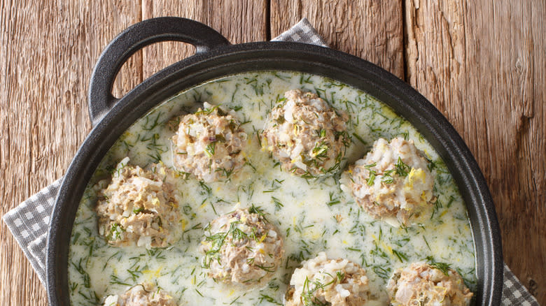 Greek Avgolemono sauce in a meatball soup