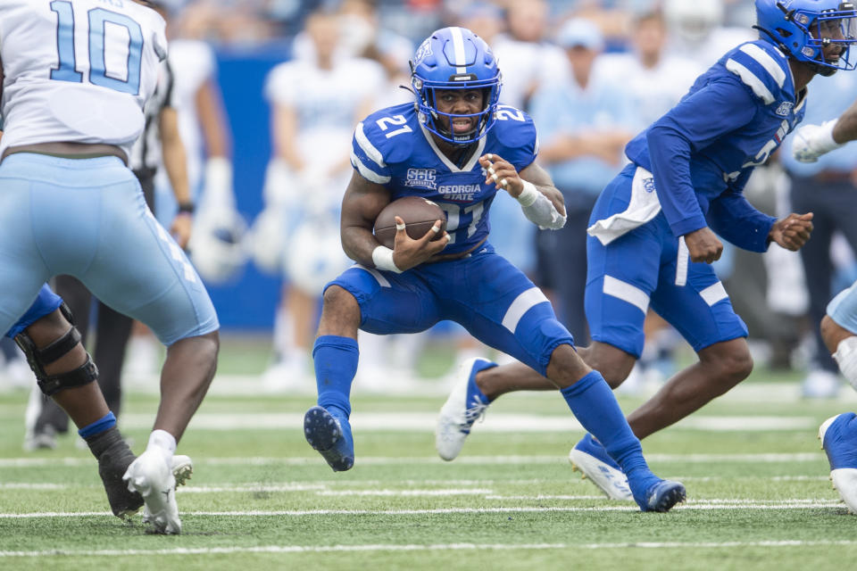 Georgia State running back Jamyest Williams carries the ball in the second half of an NCAA college football game against North Carolina Saturday, Sept. 10, 2022, in Atlanta. (AP Photo/Hakim Wright Sr.)