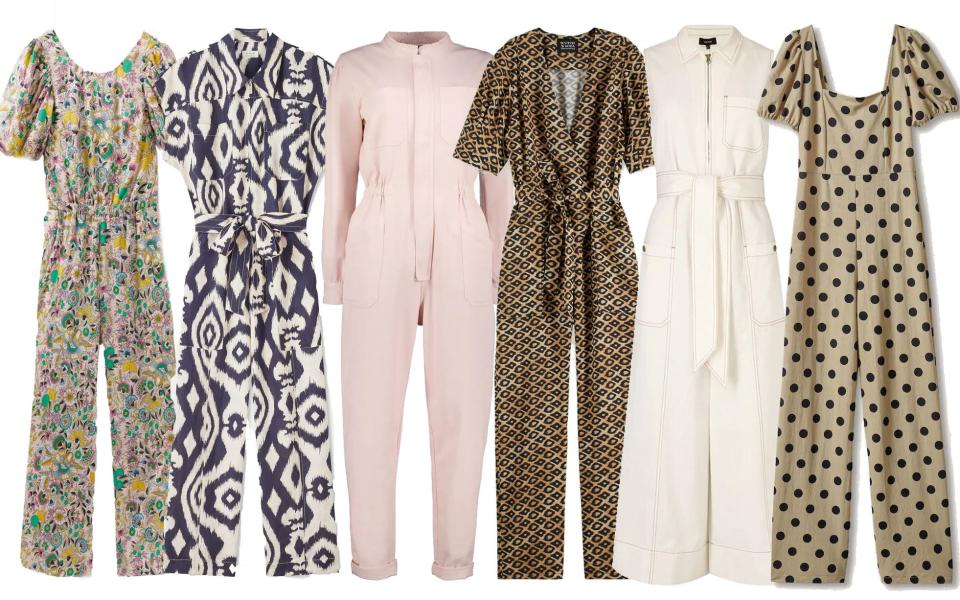 From left: floral jumpsuit, £66, Boden; linen jumpsuit, £175 Jigsaw; pink jumpsuit, £135, Baukjen; leopard-print jumpsuit £135, Scotch & Soda; white denim jumpsuit, £250, Me+Em; polka dot jumpsuit, £19.99, Mango