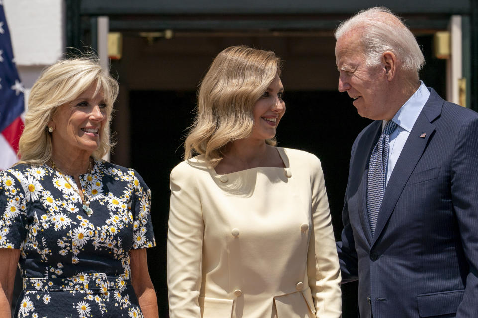 President Joe Biden and first lady Jill Biden greet Olena Zelenska, spouse of Ukrainian's President Volodymyr Zelenskyy at the White House in Washington, Tuesday, July 19, 2022. (AP Photo/Andrew Harnik)