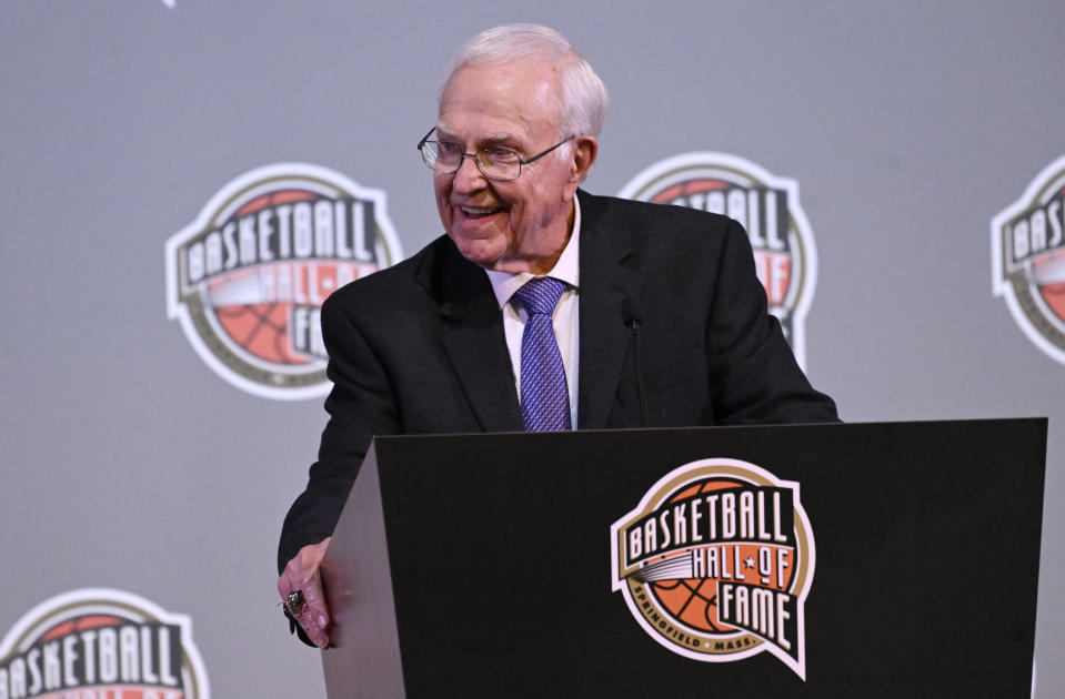Basketball Hall of Fame Class of 2023 inductee Gene Bess speaks at a news conference at Mohegan Sun, Friday, Aug. 11, 2023, in Uncasville, Conn. (AP Photo/Jessica Hill)