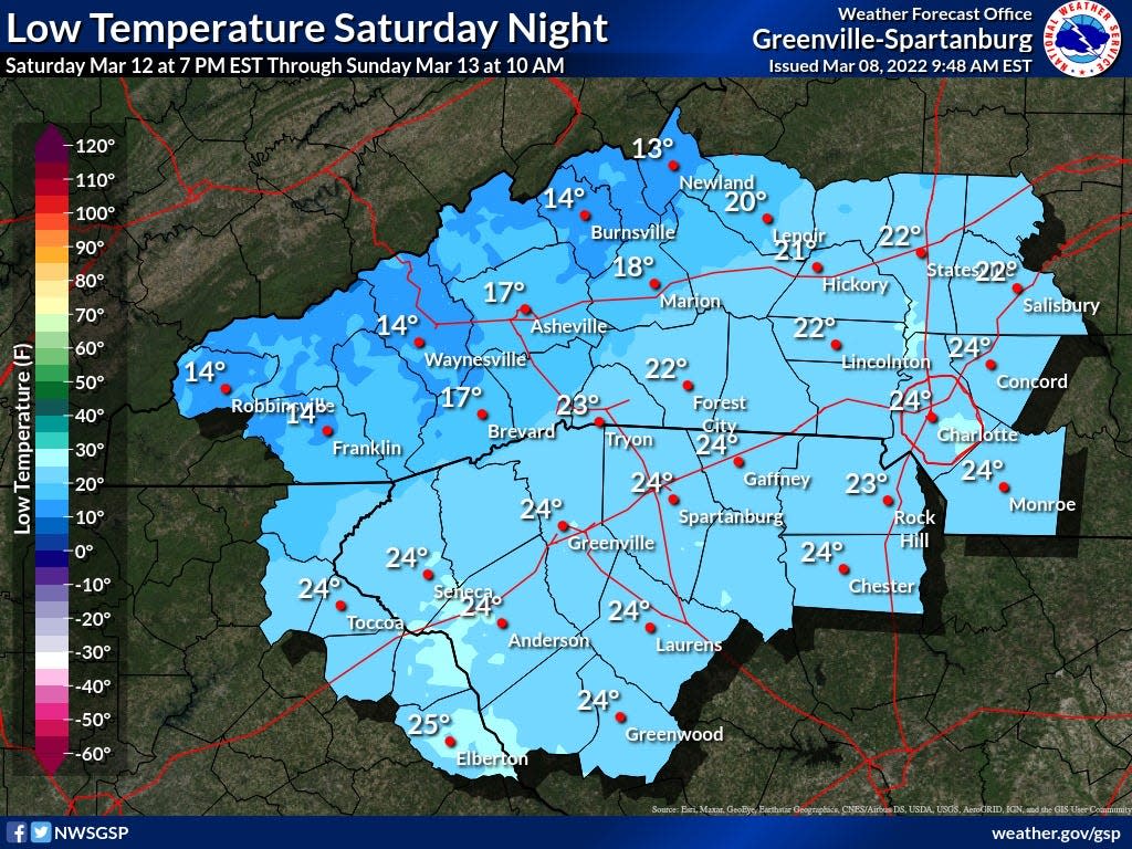 A National Weather Service forecast map shows predicted temperatures for March 13 including lows that will rival the historical record.