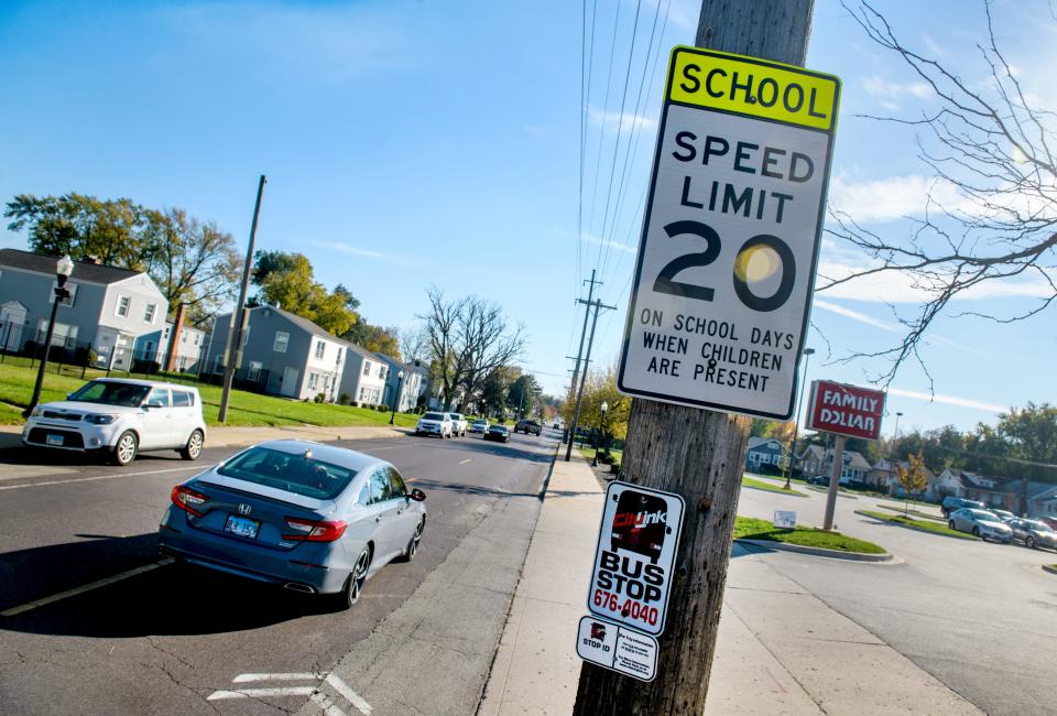 A speed limit sign warns drivers of the upcoming school zone around Glen Oak Community Learning Center on Wisconsin Avenue in Peoria. The roadway is due for a full reconstruction between McClure and Nebraska.