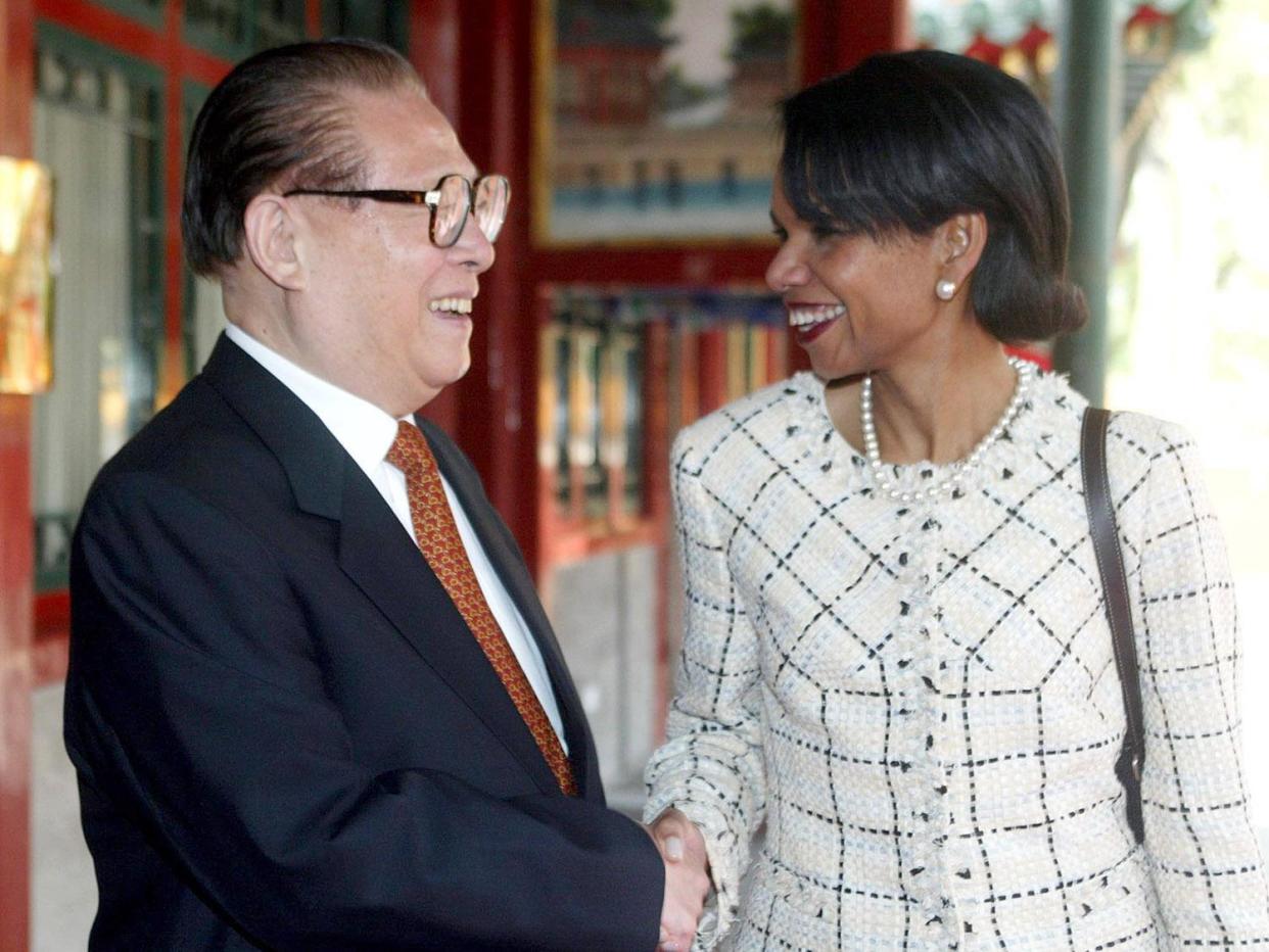 Jiang Zemin, then China Central Military Commission chairman, meets with Condoleezza Rice, then U.S .National Security Adviser, in Beijing, China. (AP)