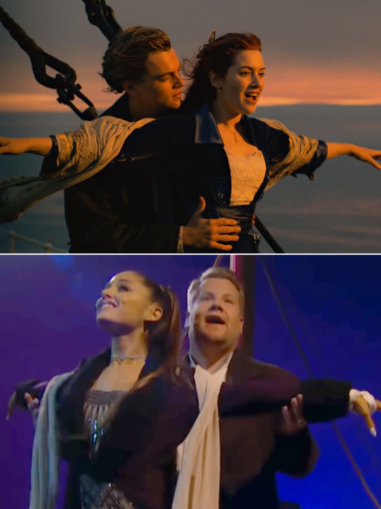 Leonardo DiCaprio and Kate Winslet (top), and Ariana Grande and James Corden (bottom)