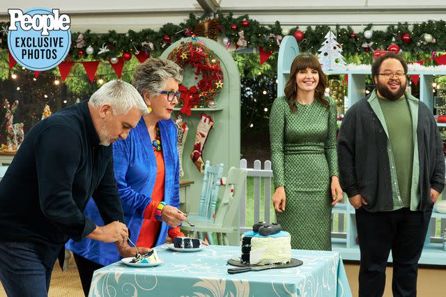 <p>The Roku Channel</p> Paul Hollywood and Prue Leith sample some cake on the set of 'The Great American Baking Show: Celebrity Holiday.'
