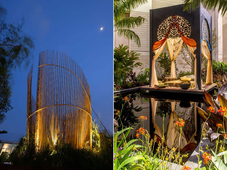 Structural bamboo featured in 'The Wild and The Restless' (left). Lim’s 'Prince of Persia' garden was awarded a Gold Medal at the 2015 Philadelphia Flower Show (right).