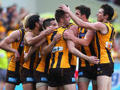 <p>Matt Suckling is mobbed by Hawthorn teammates after kicking a goal.</p>