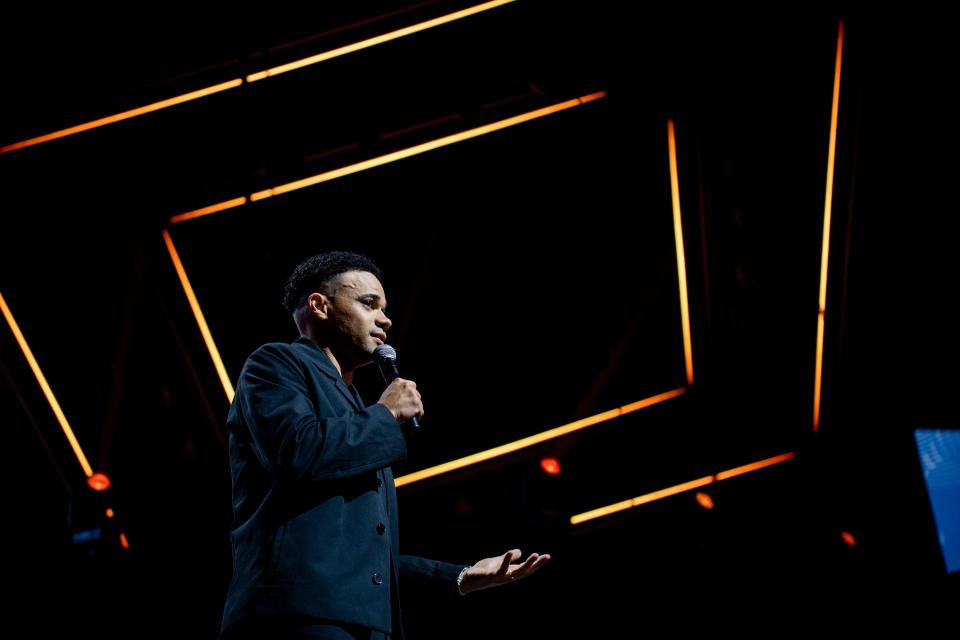 Tauren Wells, speaks during the 54th annual Dove Awards at Lipscomb University in Nashville , Tenn., Tuesday, Oct. 17, 2023.