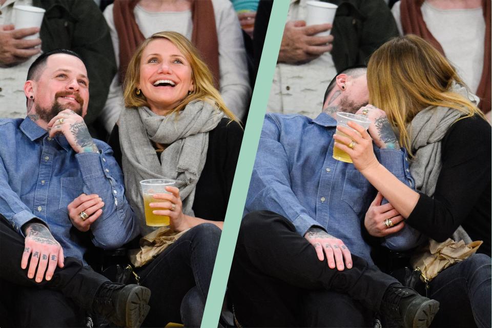 Cameron Diaz and Benji Madden sat watching the game, split layout with Cameron and Benji kissing