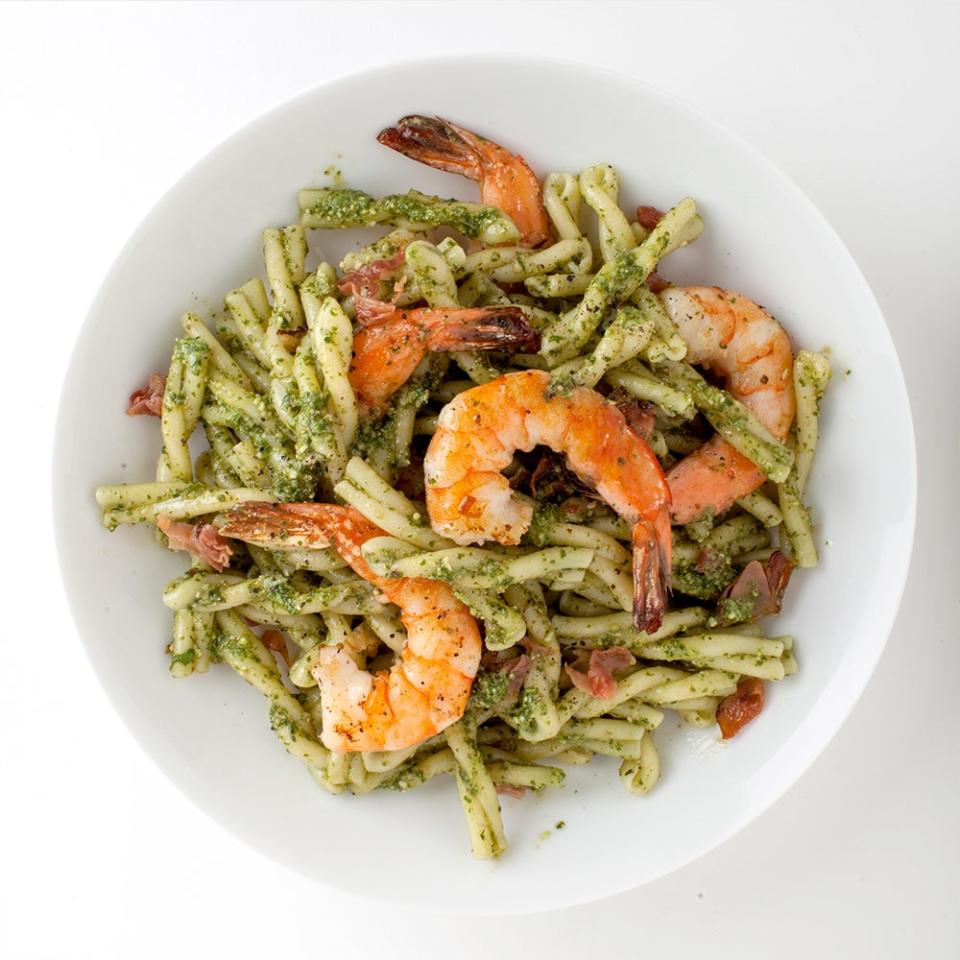 Pasta with Pesto, Shrimp, and Cured Ham