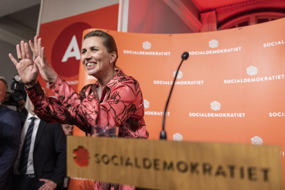 Denmark's Prime Minister and head of the the Social Democratic Party Mette Frederiksen speaks during the country's general election night at the party in Copenhagen, Denmark, Tuesday, Nov. 1, 2022. (Nikolai Linares/Ritzau Scanpix via AP)