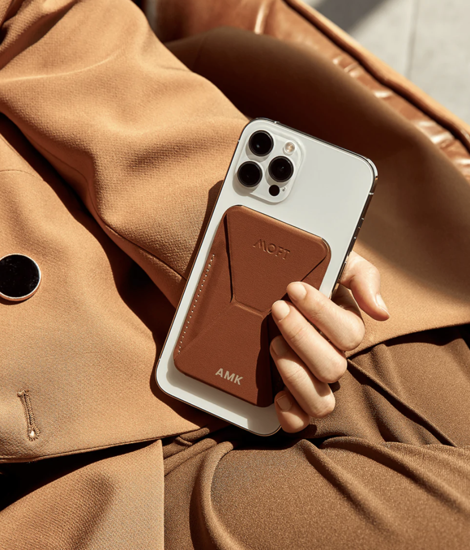 white Custom Phone Stand & Wallet with brown Custom Phone Stand & Wallet - MagSafe Compatible  (photo via Moft)