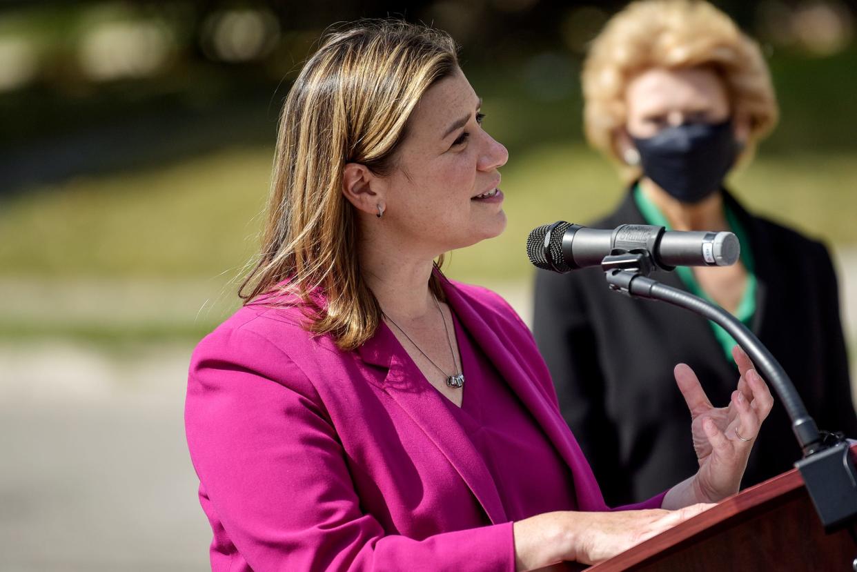 U.S. Rep. Elissa Slotkin speaks during a press conference criticizing the Trump administration's handling of the United States Postal Service on Wednesday, Aug. 19, 2020, at the U.S. Post Office on Merrill Avenue in Lansing.