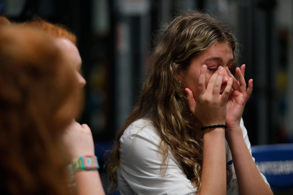 Brighten Sedmack, wipes her tears while discussing Hurricane Ian and the impact it caused her family and friends. She was being interviewed by The News-Press Friday, October 14, 2022. They all were severely impacted by the effects of Hurricane Ian. 