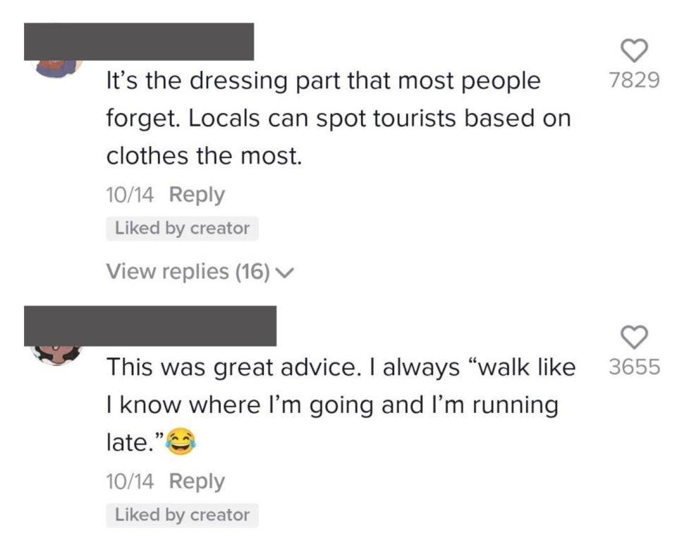 Two comments on Alexa's video: One says, "It's the dressing part that most people forget; locals can spot tourists based on clothes the most" and another says, "This was great advice; I always 'walk like I know where I'm going and I'm running late'"