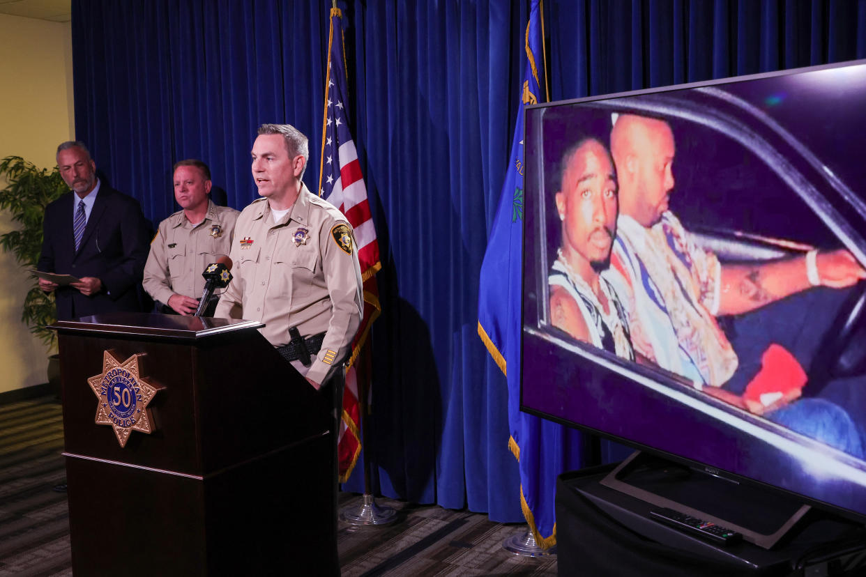 An image on a television monitor shows a photo of Tupac Shakur and Marion Suge Knight Jr. in a car in Las Vegas on Sept. 7, 1996, the night Shakur was fatally shot. 