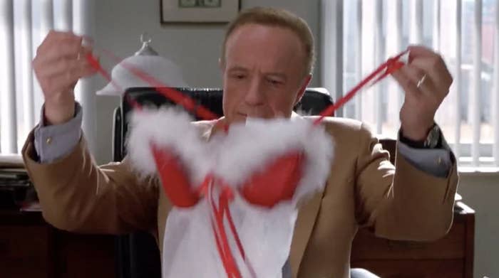 James Caan opening up a Christmas present of women's lingerie in "Elf"