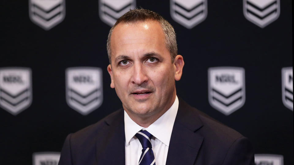 NRL CEO Andrew Abdo is pictured here addressing media.