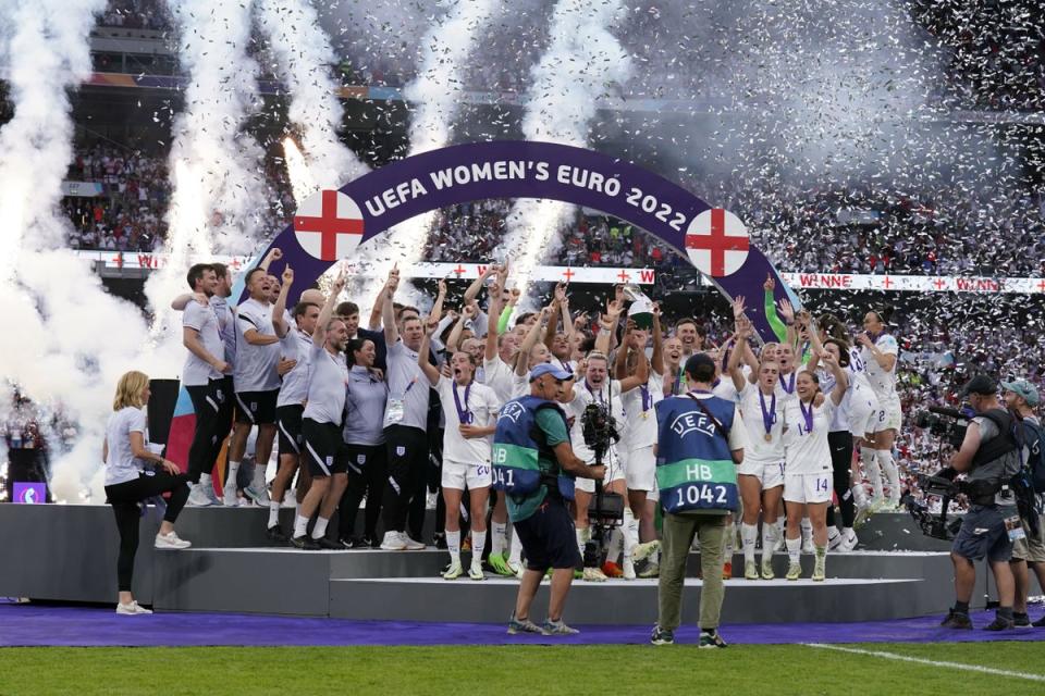 England celebrate their Euro 2022 final victory over Germany (Danny Lawson/PA) (PA Wire)