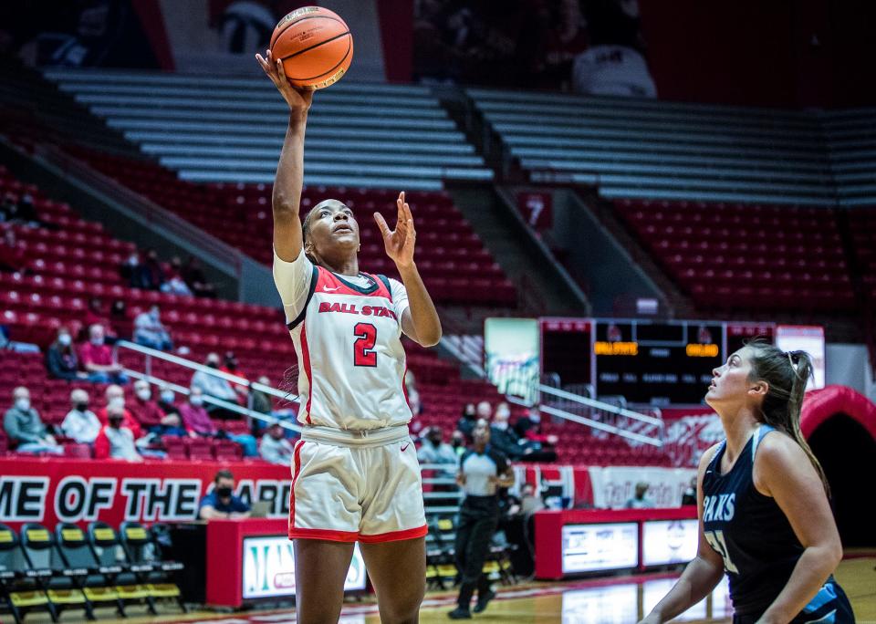 Ball State's Chyna Latimer goes up for a shot during a game against Oakland City at Worthen Arena Wednesday, Nov. 3, 2021.