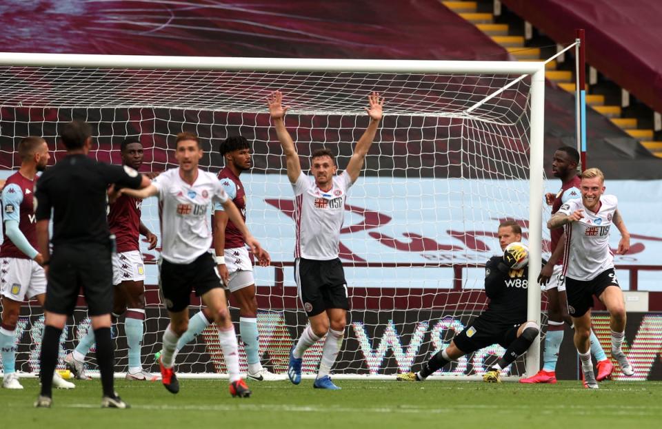 Sheffield United players appeal for a goal against Aston Villa, but GLT failed to detect the ball had crossed the line (Carl Recine/NMC Pool/PA) (PA Archive)