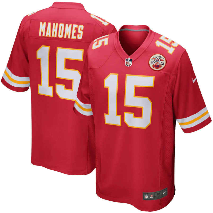 Red Mahomes Chiefs jersey.