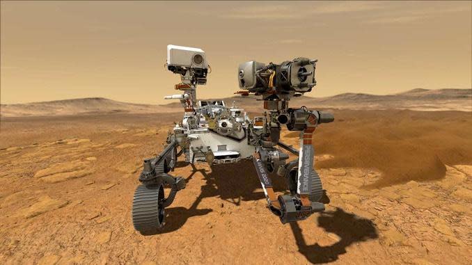 An artist's impression of the Perseverance Mars rover on the surface of the red planet. / Credit: NASA