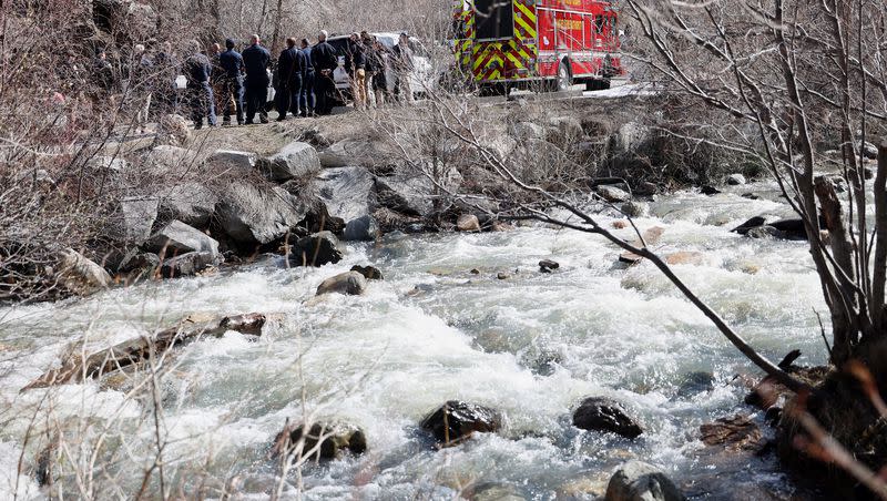 Water rushes down Big Cottonwood Creek as officials gather at Ledgemere Picnic Area in Big Cottonwood Canyon, for a press conference on Friday, April 14, 2023. The officials encouraged people to stay away from the spring runoff water and use extreme caution with kids and animals when around water.