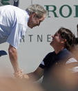 <p>Former President George Bush, left, greets Phil Mickelson during the opening ceremony before the first round of the Presidents Cup at Liberty National Golf Club in Jersey City, N.J., Thursday, Sept. 28, 2017. (AP Photo/Julio Cortez) </p>