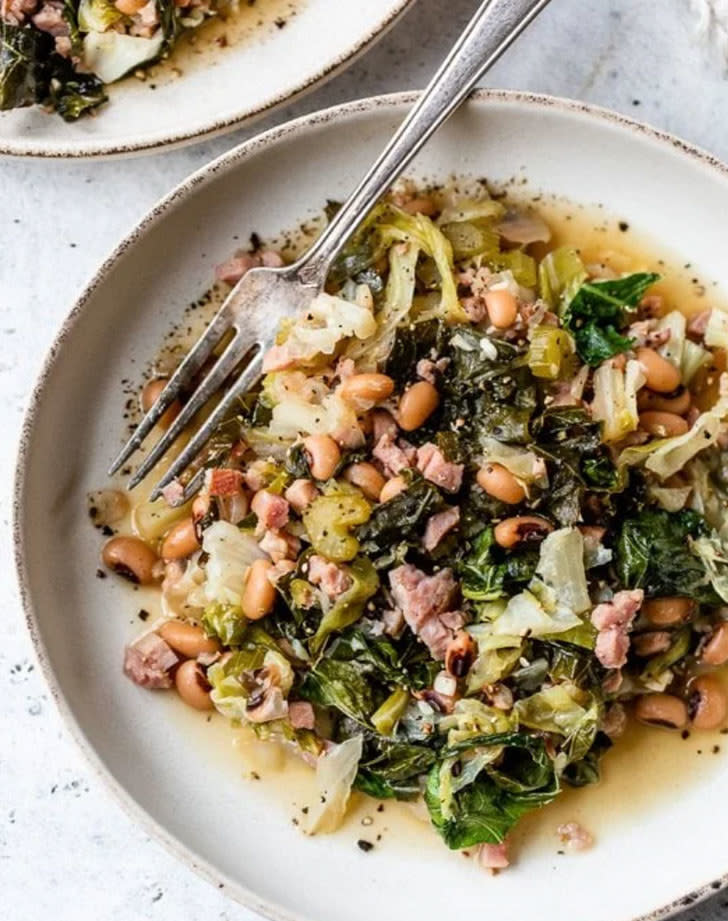 Black eyed peas and ham and collard greens.