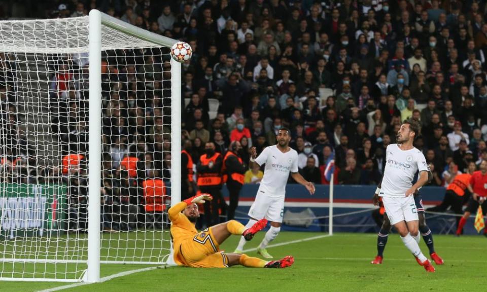 Bernardo Silva somehow hits the crossbar from three yards moments after Raheem Sterling’s header had also come back off the bar.