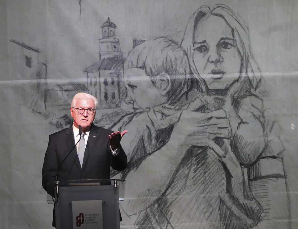 German President Frank-Walter Steinmeier speaks at the commemoration ceremony of the 80th anniversary of the start of World War II, in Wielun, Poland, Sunday, Sept. 1, 2019. (AP Photo/Czarek Sokolowski)