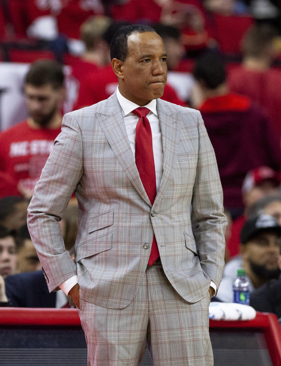 North Carolina State Head Coach Kevin Keatts looks towards the court in the final moments of an NCAA college basketball game against Virginia Tech in Raleigh, N.C., Saturday, Feb. 2, 2019. (AP Photo/Ben McKeown)
