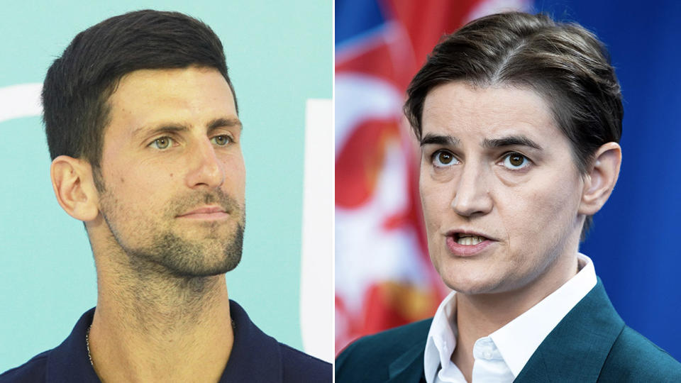 Prime Minister of Serbia Ana Brnabic (pictured right) has defended Novak Djokovic (pictured left) and said the criticism should be directed at her for the ill-fated Adria Tour. (Getty Images)