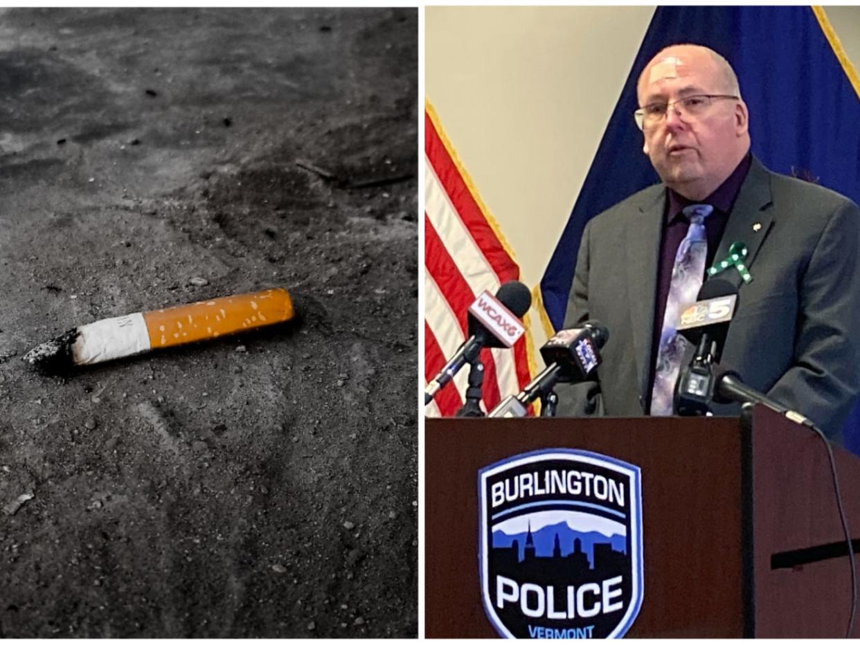 A cigarette butt, left, and Rita Curran's brother, Tom, right, at a press conference.