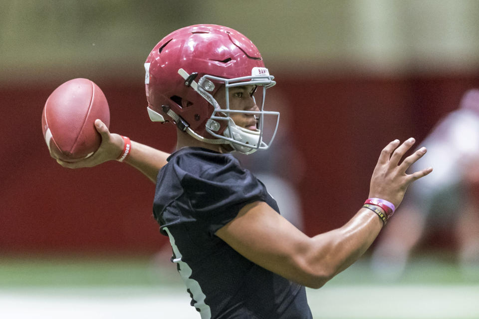 Alabama quarterback Tua Tagovailoa throws during the NCAA college football team’s spring practice Tuesday, March 20, 2018, in Tuscaloosa, Ala. (Vasha Hunt/AL.com via AP)