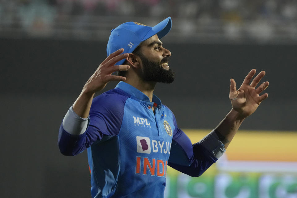 India's Virat Kohli gestures during the second T20 cricket match between India and South Africa, in Guwahati, India, Sunday, Oct. 2, 2022. (AP Photo/Anupam Nath)