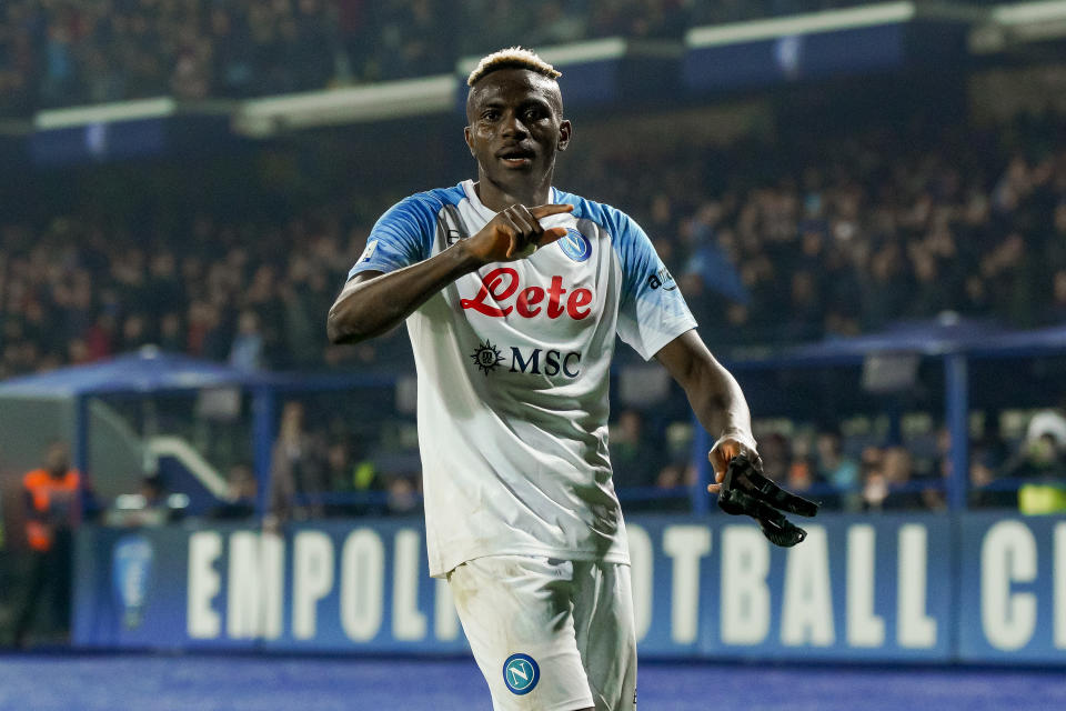 Victor Osimhen of SSC Napoli celebrates after scoring second goal during the Serie A match between Empoli FC and SSC Napoli at Stadio Carlo Castellani on February 25, 2023 in Empoli (FI), Italy (Photo by Giuseppe Maffia/NurPhoto via Getty Images)