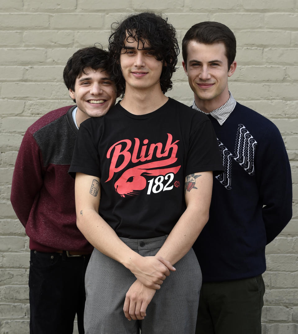 This March 20, 2019 photo shows Braeden Lemasters, from left, Cole Preston and Dylan Minnette of the indie rock band Wallows posing for a portrait at SIR Studios in Los Angeles. (Photo by Chris Pizzello/Invision/AP)
