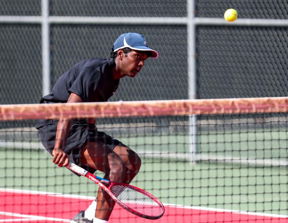 Palm Desert’s Bhargav Jakkaraju plays up close on the net during the division one first-round playoff matches at Palm Desert High School in Palm Desert, Calif., Wednesday, May 4, 2022. 