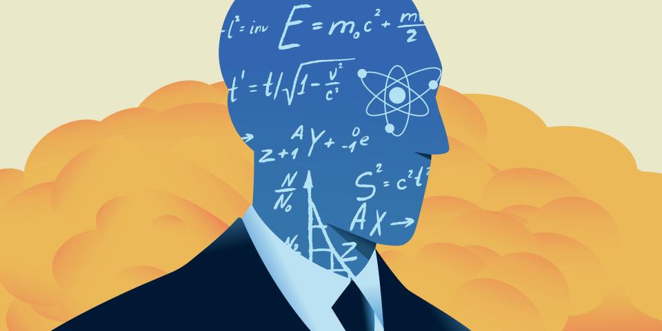 An illustration of the silouhette of a man is filled in with blueprint like sketches of equations and atomic figures agains tthe back drop of a cloud of orange dust, which might be that of a settling explosion.