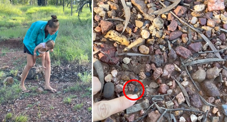 Left, Amber Betteridge and her daughter Elise, nine months, looking for sapphires in the Rubyvale outback. Right, she points to the 'amazing' $3k find on the floor.