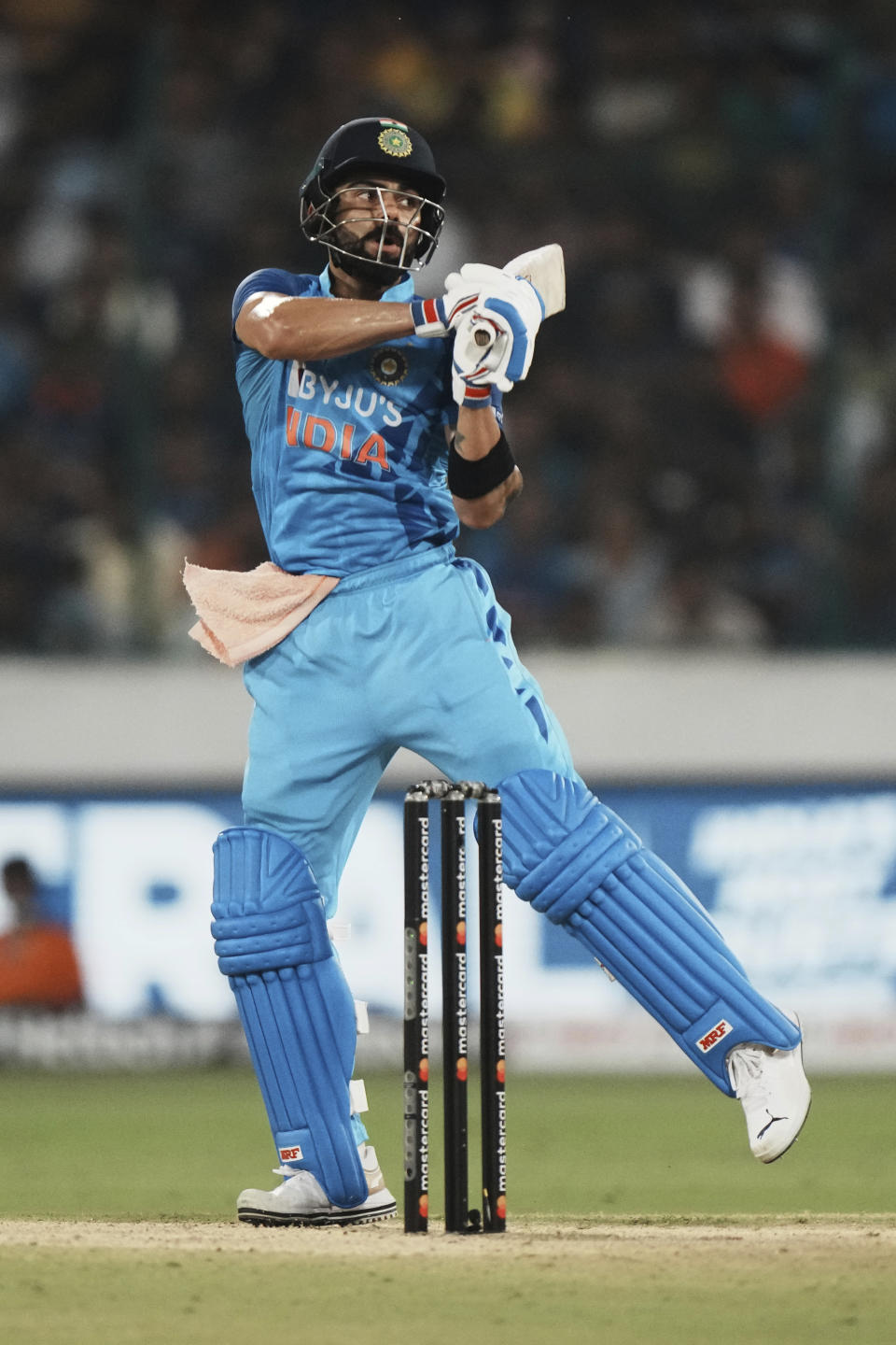 India's Virat Kohli bats during the third T20 cricket match between India and Australia, in Hyderabad, India, Sunday, Sept. 25, 2022. (AP Photo/Mahesh Kumar A)