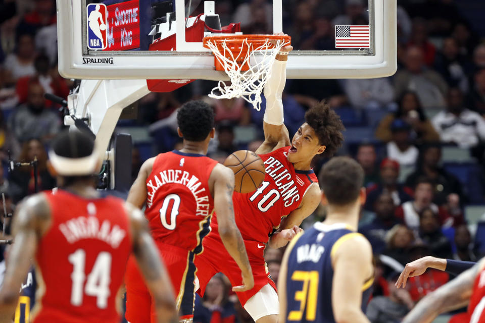 New Orleans Pelicans center Jaxson Hayes (10) dunks against the Utah Jazz in the second half of an NBA basketball game in New Orleans, Monday, Jan. 6, 2020. (AP Photo/Tyler Kaufman)