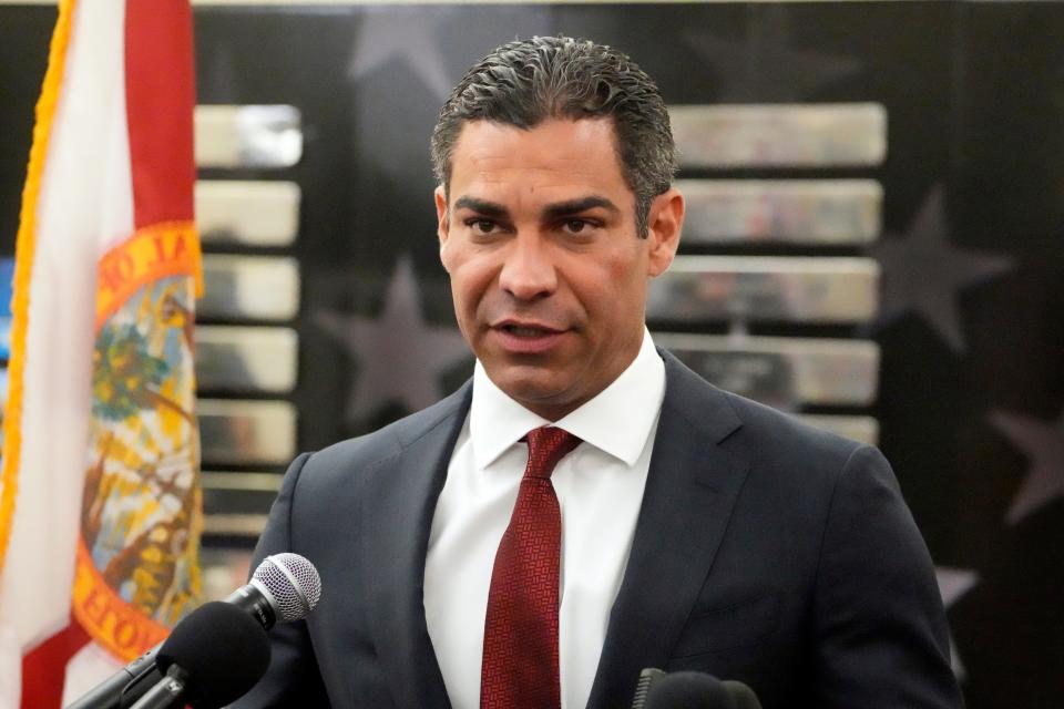 Miami Mayor Francis Suarez speaks during a news conference about the security planned for former President Donald Trump, who is set to appear at federal court Tuesday, in Miami. (AP Photo/Wilfredo Lee) ORG XMIT: FLWL117